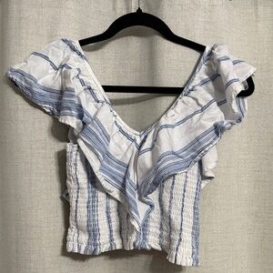 Chic Striped Ruffle Blouse in Blue and White